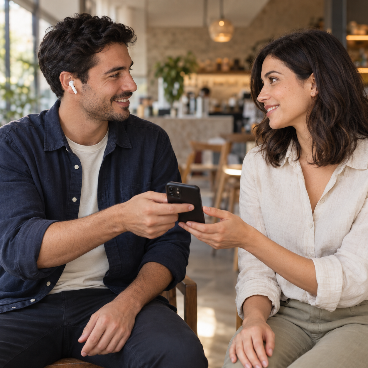 A phone being handed to the other person.
