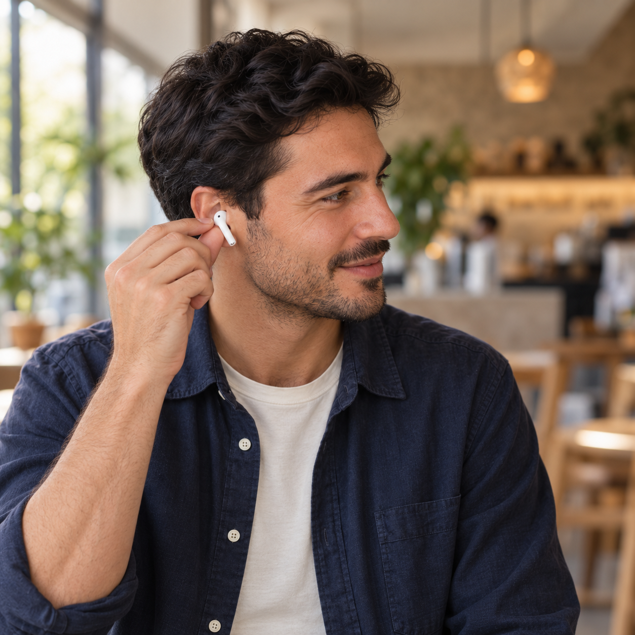 A person putting on microphone-equipped earbuds.